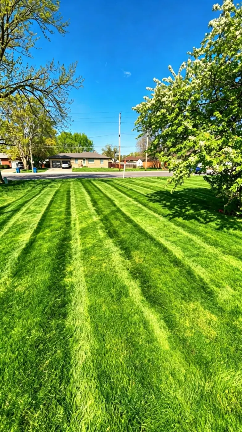 Striped front lawn on a residential property in Greenwood, Indiana on a clear spring day