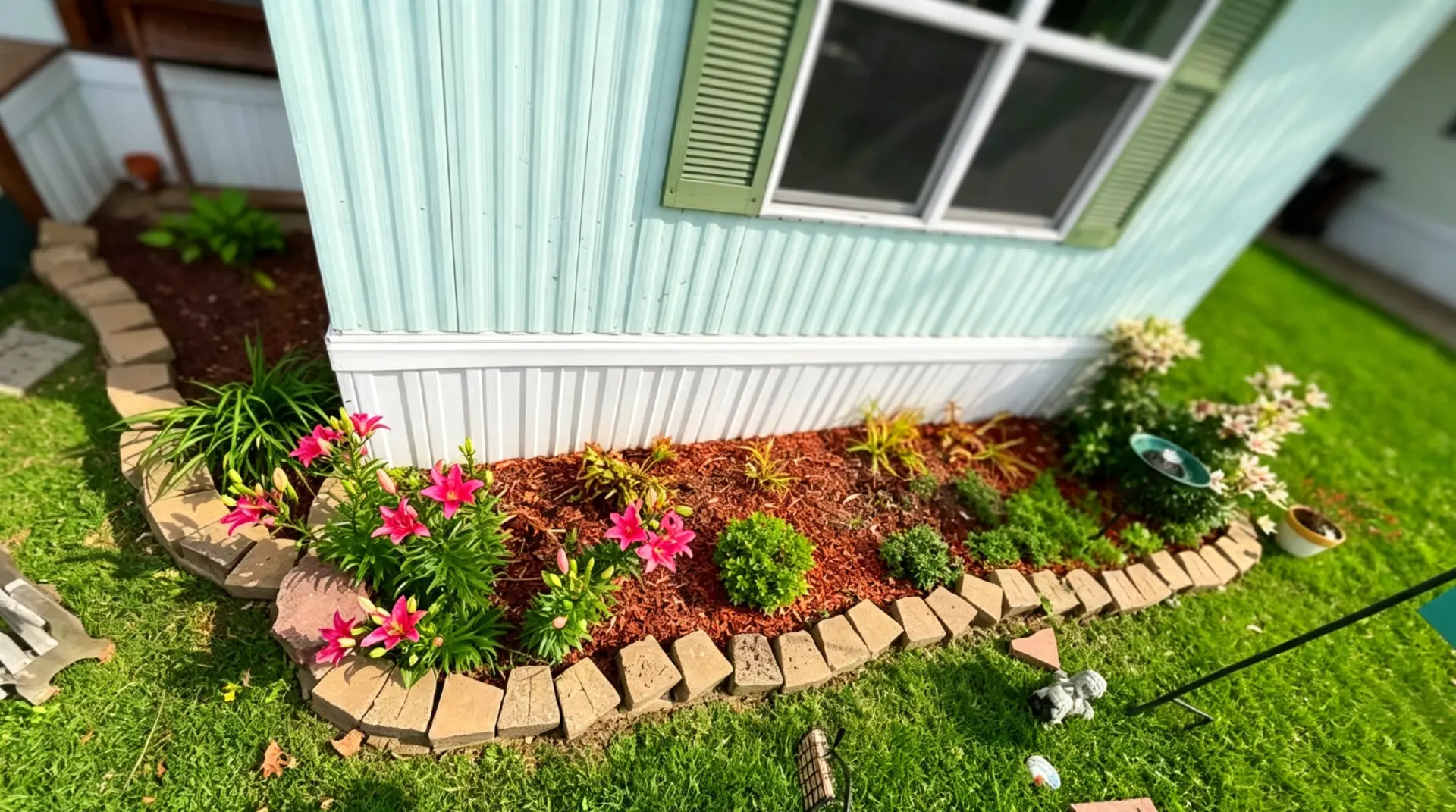 Mulched landscape bed with pink lilies and shrubs edged in brick beside a home